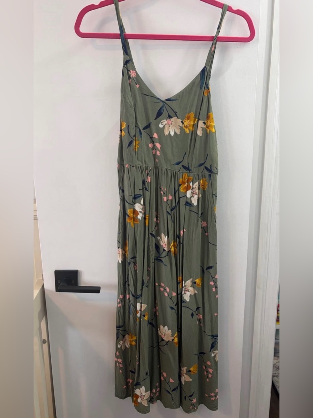 Old Navy Olive Green Floral Midi Dress with Pink and Yellow Accents